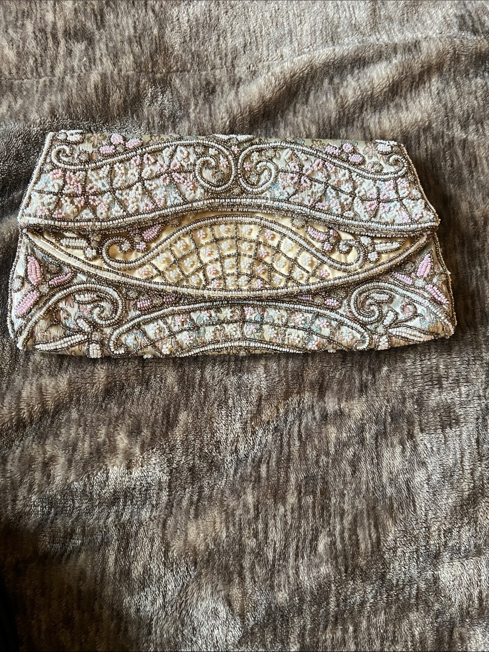 Beaded Ivory & Pink Floral Evening Clutch Made in France 🇫🇷